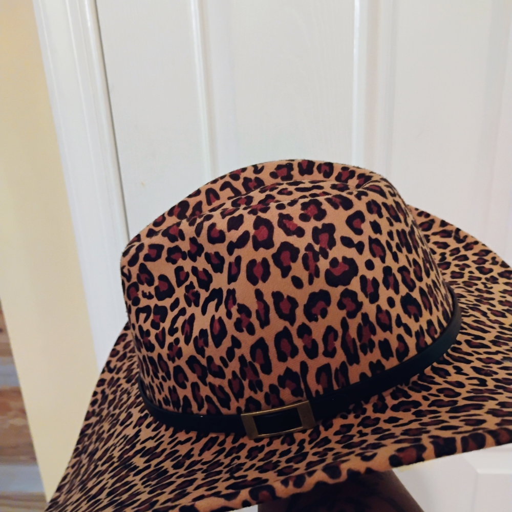 Brown and Black Leopard Print Hat with Wide Brim - Picture 2 of 6